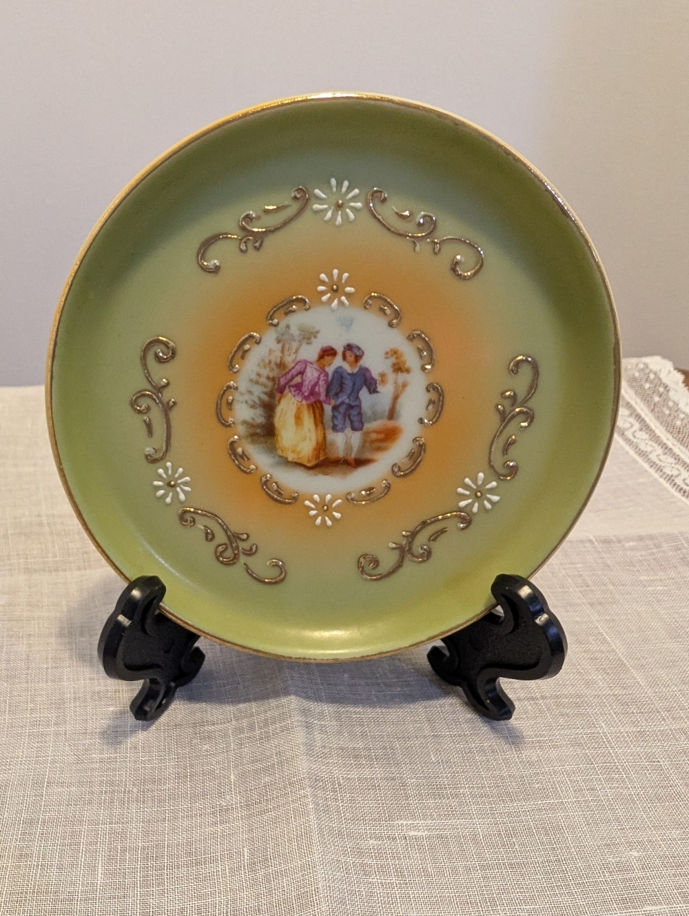 Mid-century Mini Hand Painted Porcelain Plate Japan S.G.K. Gold Gilt Scene 3.5”
